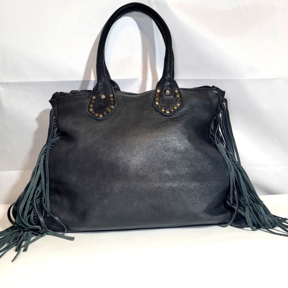 VIOLA CASTELLANI Black Handbag with Fringe and Studded Accents